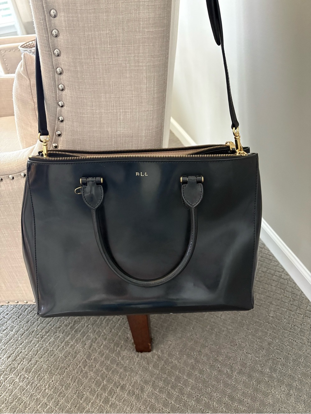 Lauren, Ralph, Lauren,  Black Leather Satchel Bag with Gold Hardware. Like new.